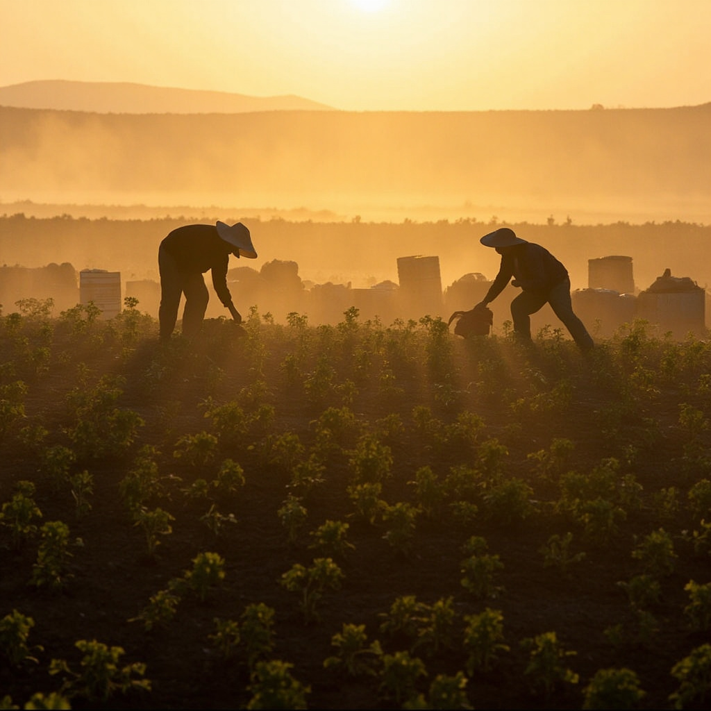 Agricultural workers in a California field with a banner reading Farmworkers Day replacing a crossed-out Cesar Chavez Day sign