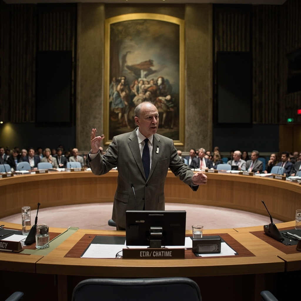 United Nations Security Council chamber with French delegate standing at the podium addressing seated council members