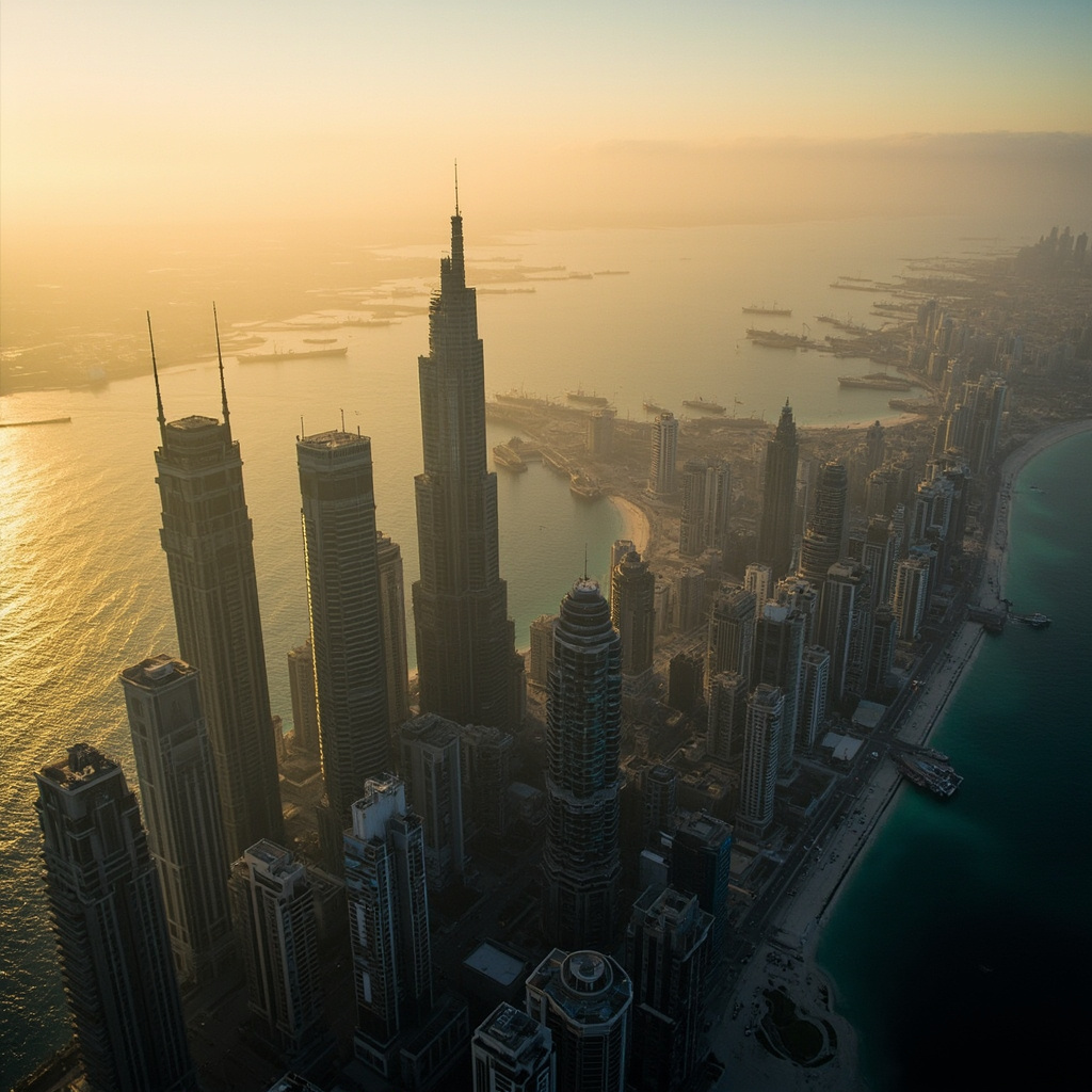 Aerial view of Dubai skyline with oil tankers visible in the Persian Gulf, symbolizing the economic toll of war on Arab states