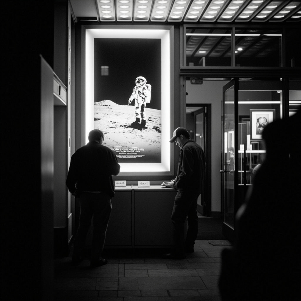Movie theater marquee displaying Project Hail Mary with crowds gathered beneath a starry night sky poster