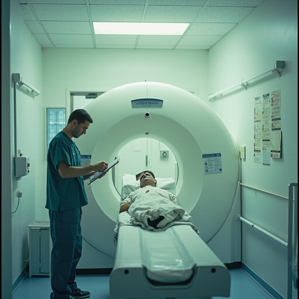 Hospital MRI machine room with a technician checking equipment and a warning sign about helium supply shortage