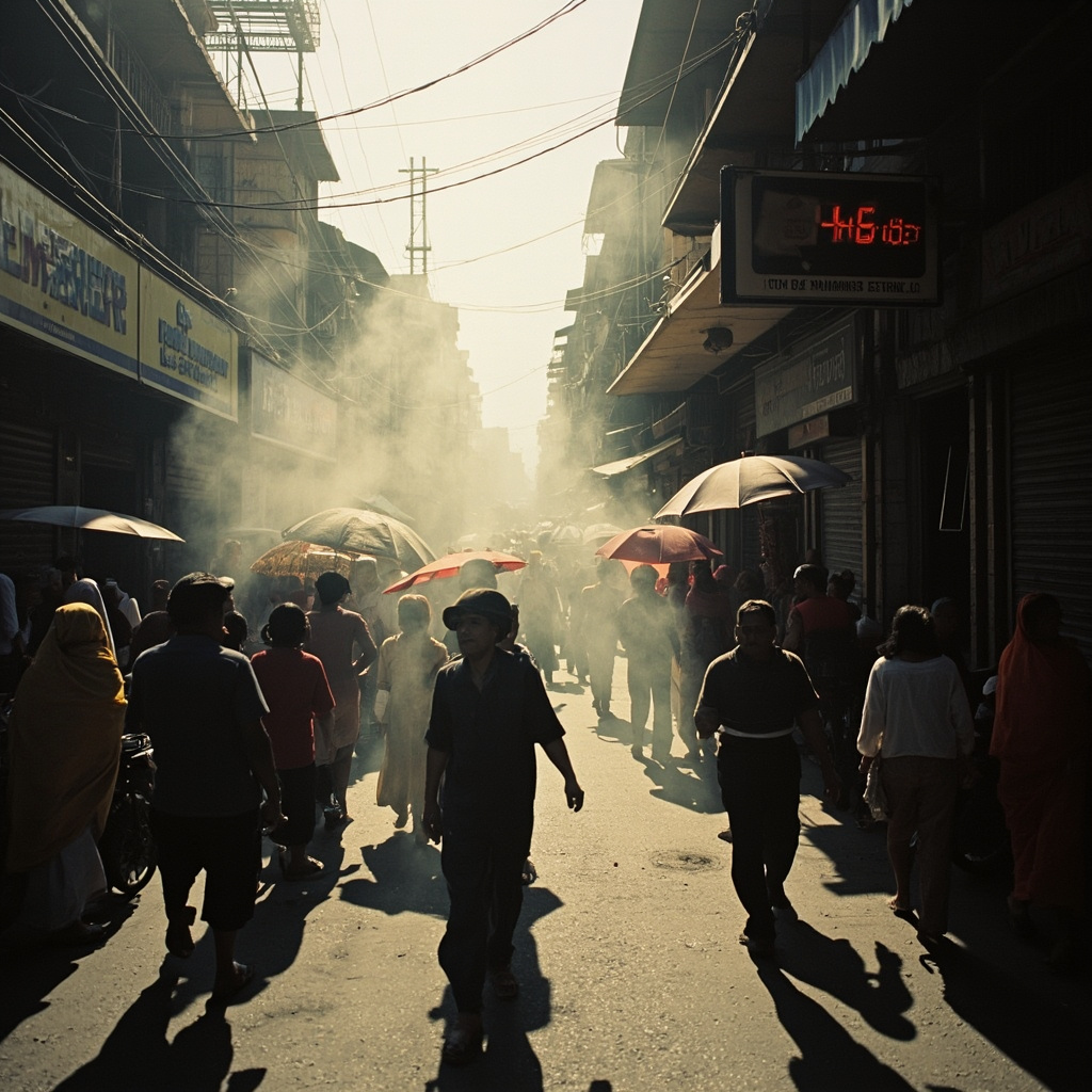 Indian city street shimmering with heat haze as pedestrians walk under scorching sun