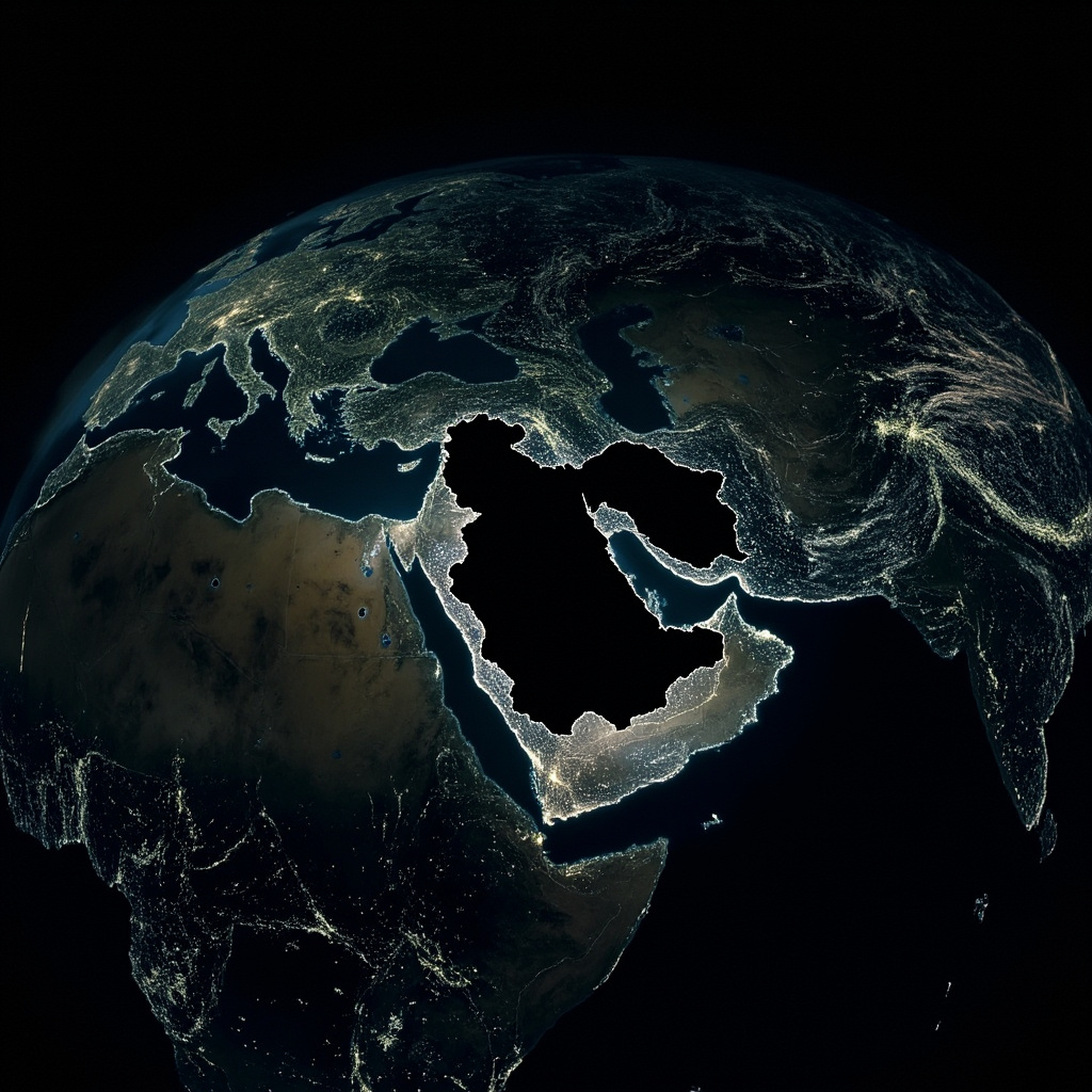 Satellite image of Iran at night showing drastically reduced light patterns compared to neighboring countries