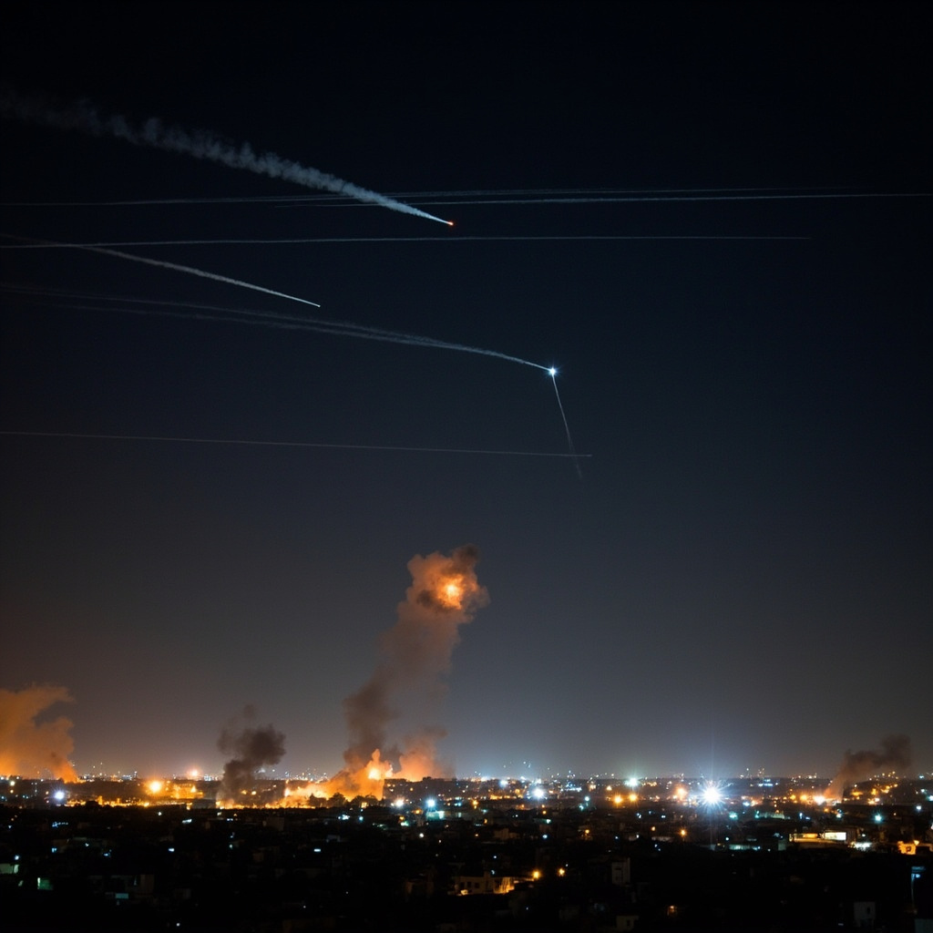 Night sky over Tel Aviv showing missile interceptor trails from Iron Dome system