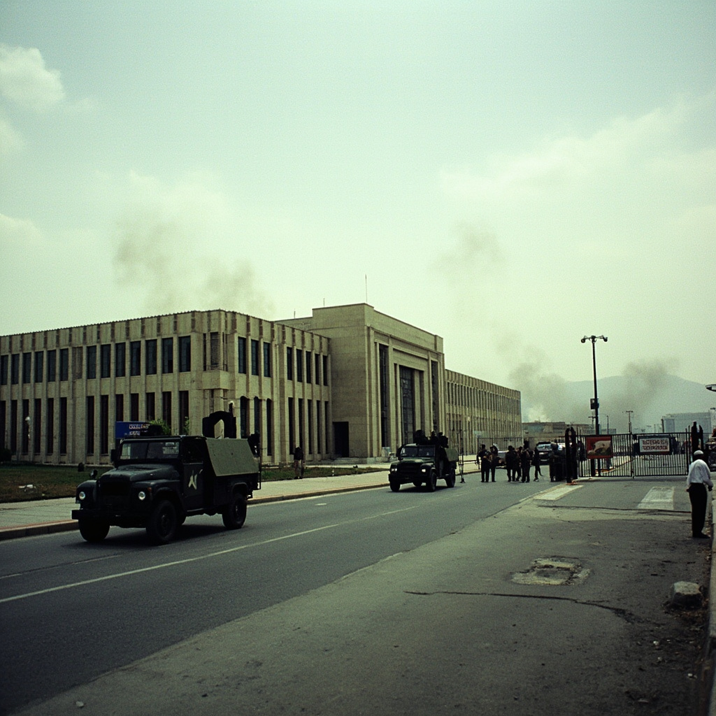 Iranian parliament building with military imagery and smoke on the horizon