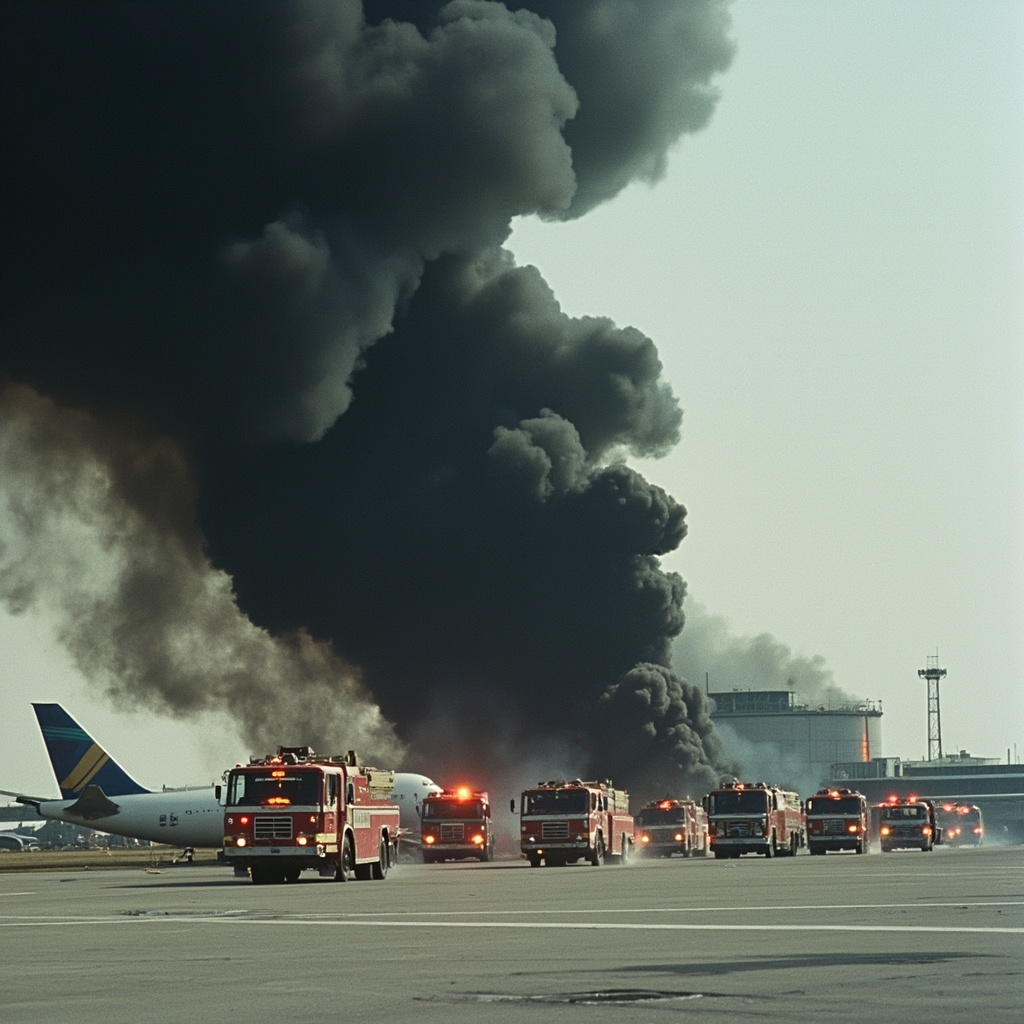 Thick black smoke rising from fuel storage tanks near an airport runway with emergency vehicles responding