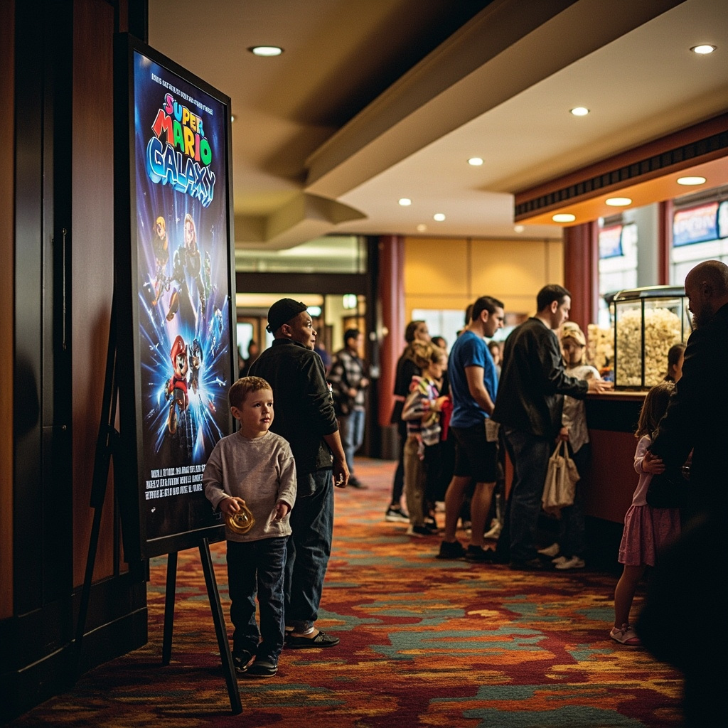 Mario character flying through a galaxy setting with bright stars and a movie theater marquee
