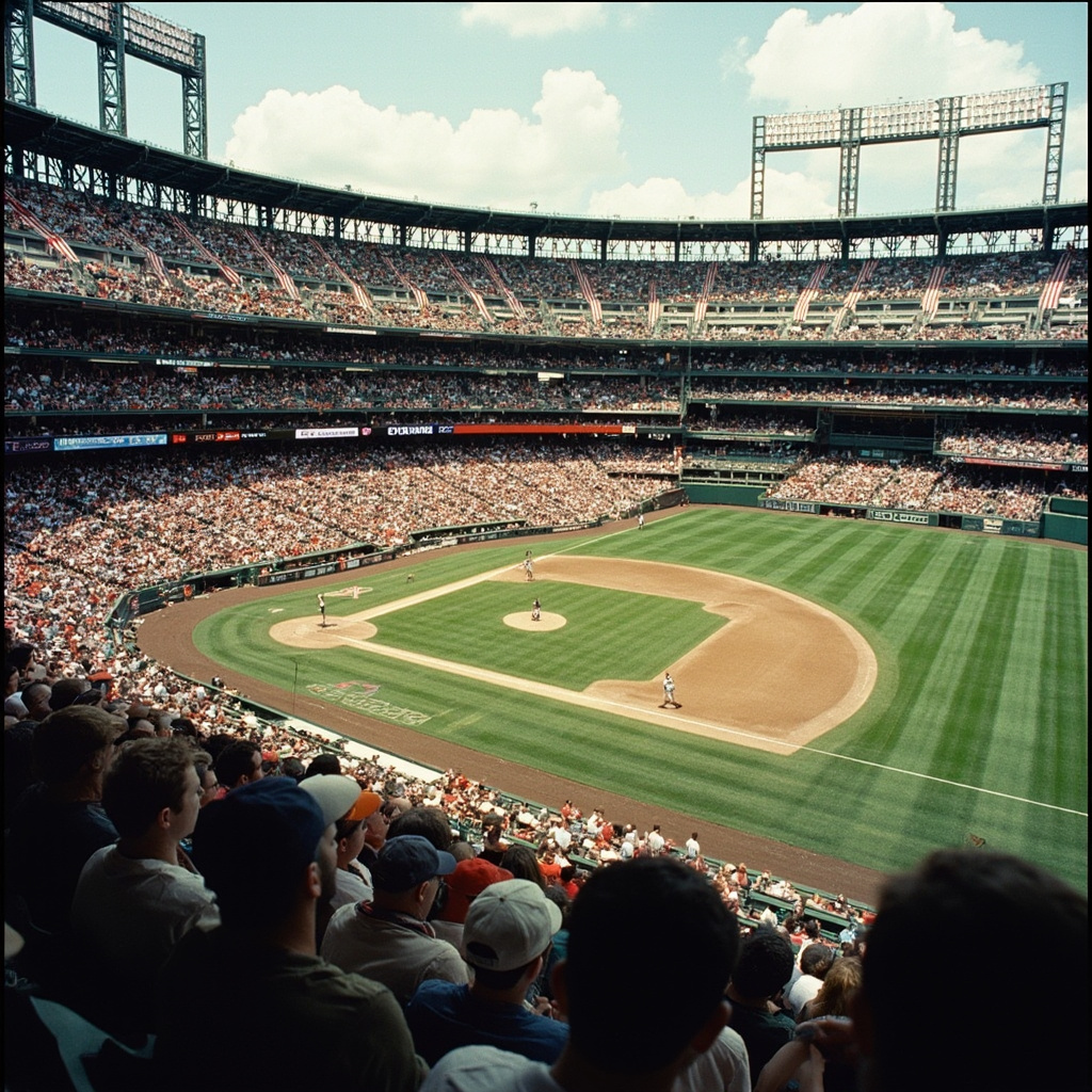 Packed baseball stadium on opening day with American flags displayed along the outfield wall
