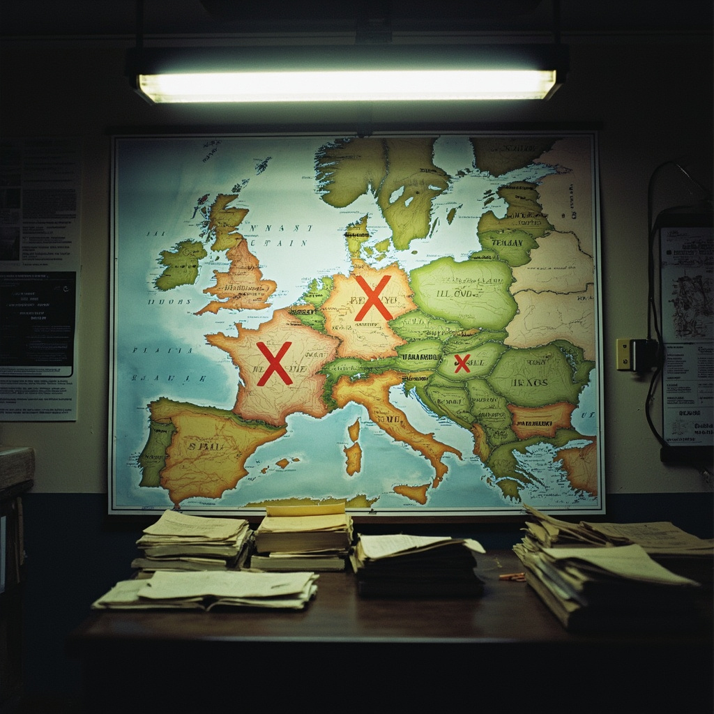 Map of Europe highlighting Spain, France, and Italy as countries denying US military access