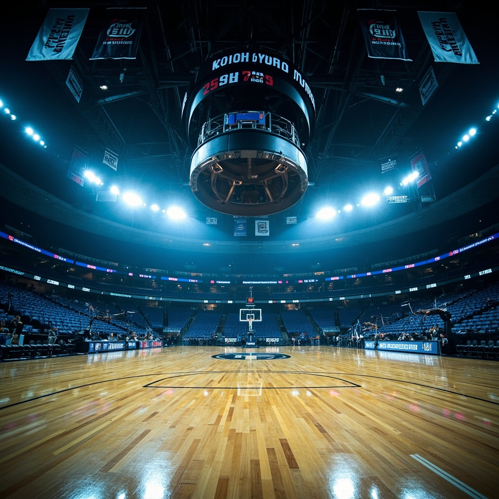 Indianapolis stadium interior with Final Four banners and an empty basketball court under arena lights