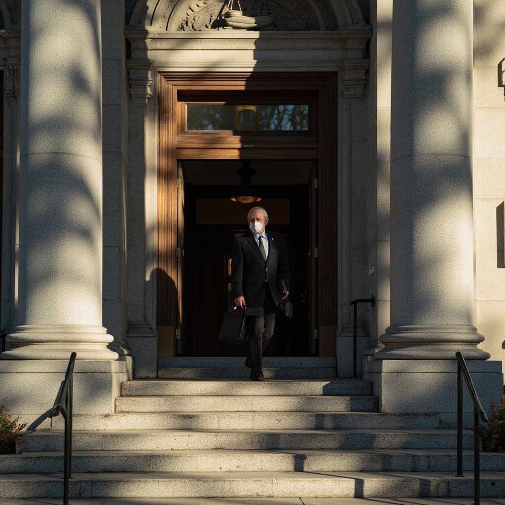 Federal courthouse entrance with scales of justice and overlaid text showing NewsGuard v. FTC case header