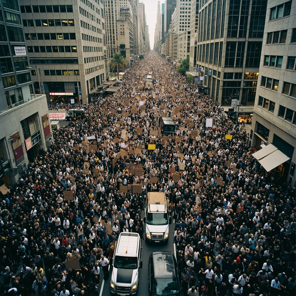 Aerial view of a massive protest crowd filling city streets with No Kings banners