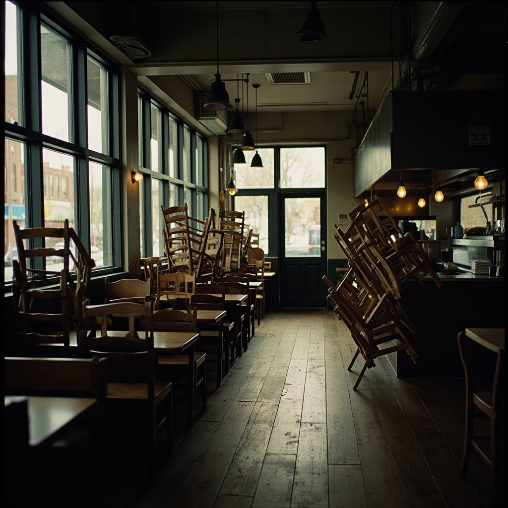 Empty dining room at Noma Copenhagen with chairs stacked on tables