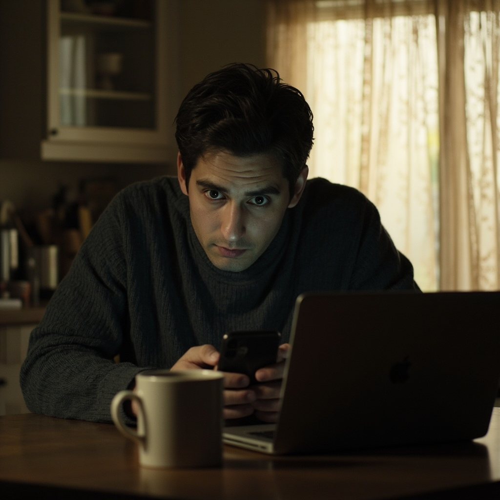 Silhouette of a person reading a phone in a dark room at dawn