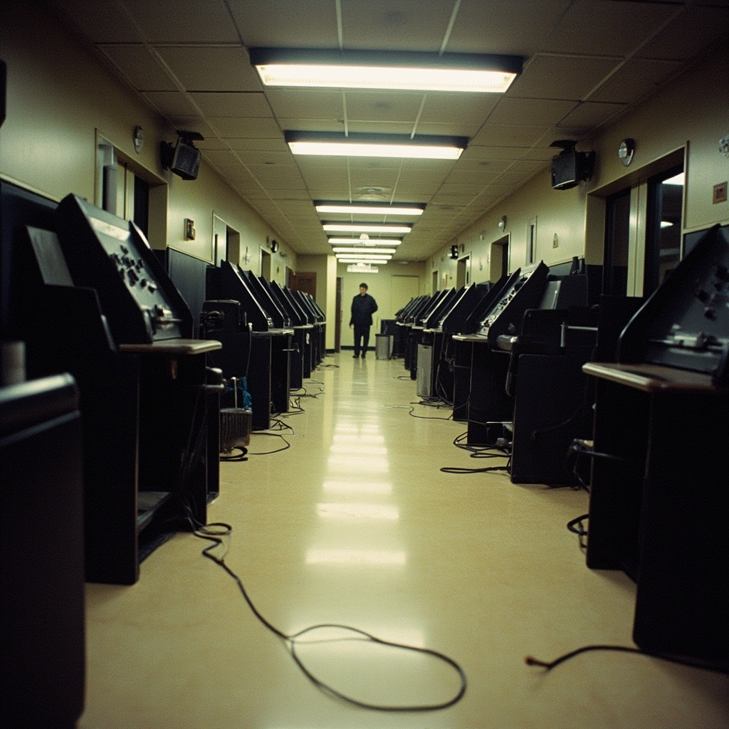 Empty hallway of the Pentagon's former Correspondents' Corridor with vacant desks and dark monitors