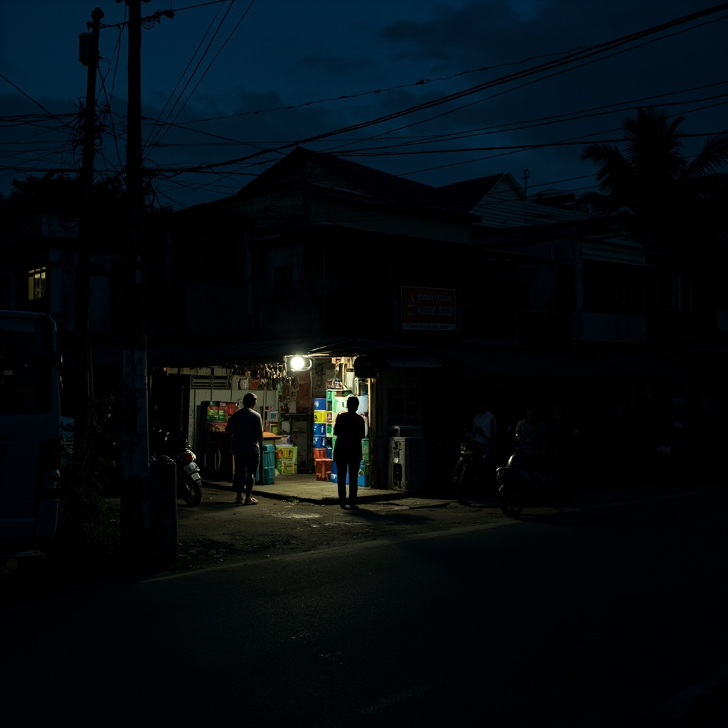 A darkened Manila suburb street at dusk with a single generator-powered light visible