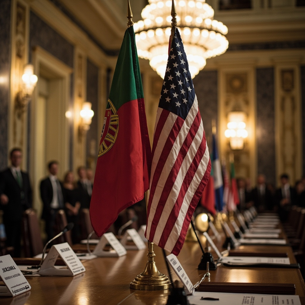Portuguese and American flags displayed side by side at a diplomatic meeting venue