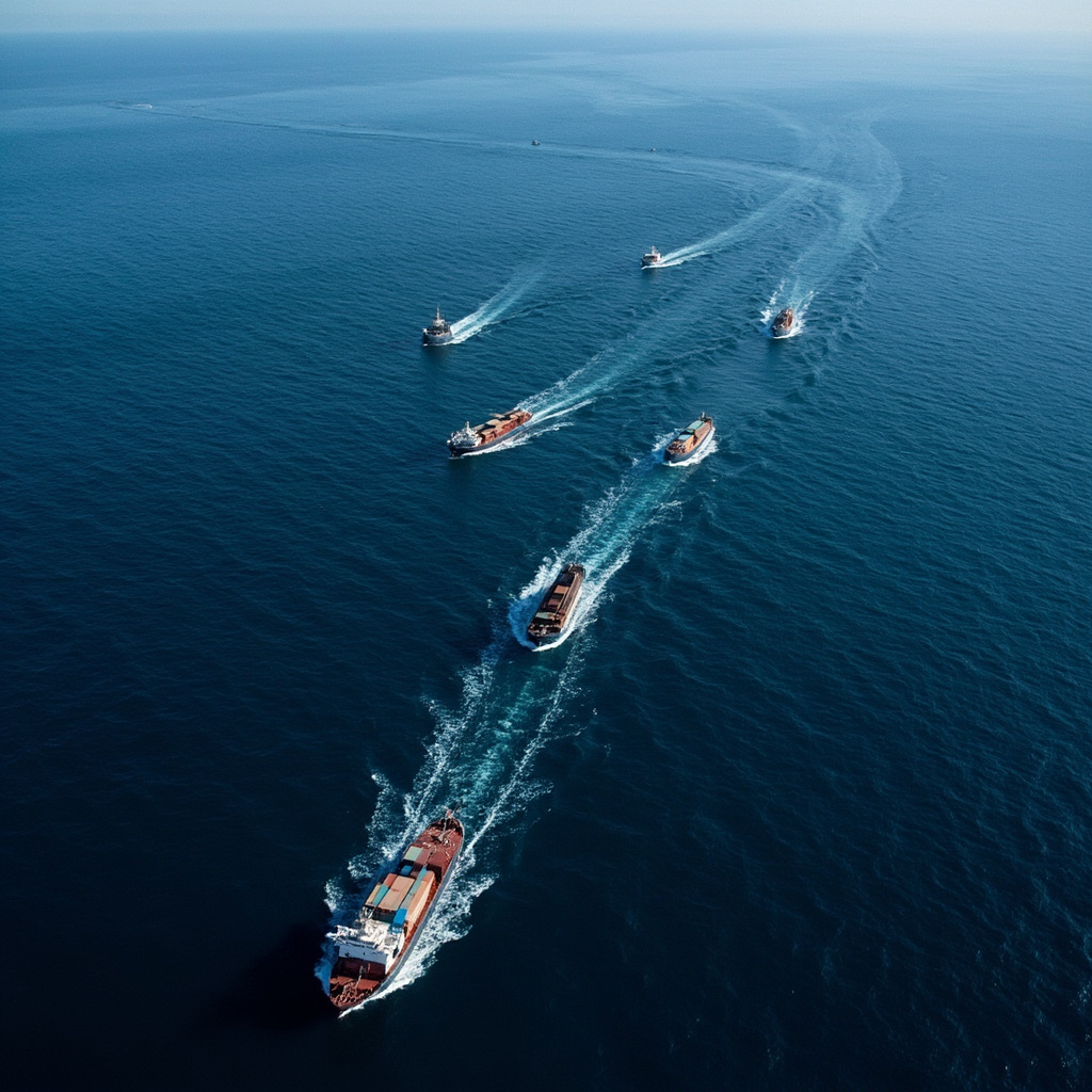 Aerial view of cargo ships rerouting around the southern tip of Africa with a map overlay showing blocked Red Sea and Hormuz routes