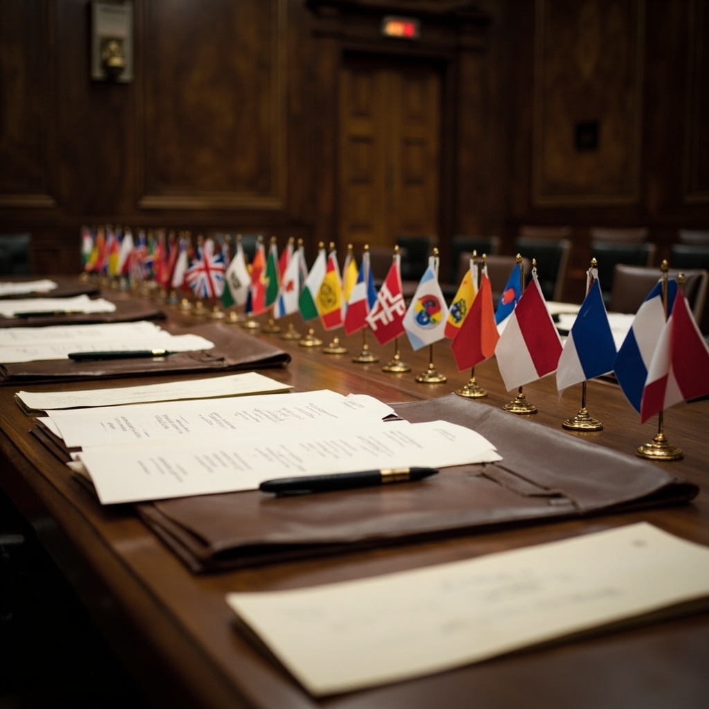 Nuclear missile silo with diplomatic document overlay showing expired treaty stamps