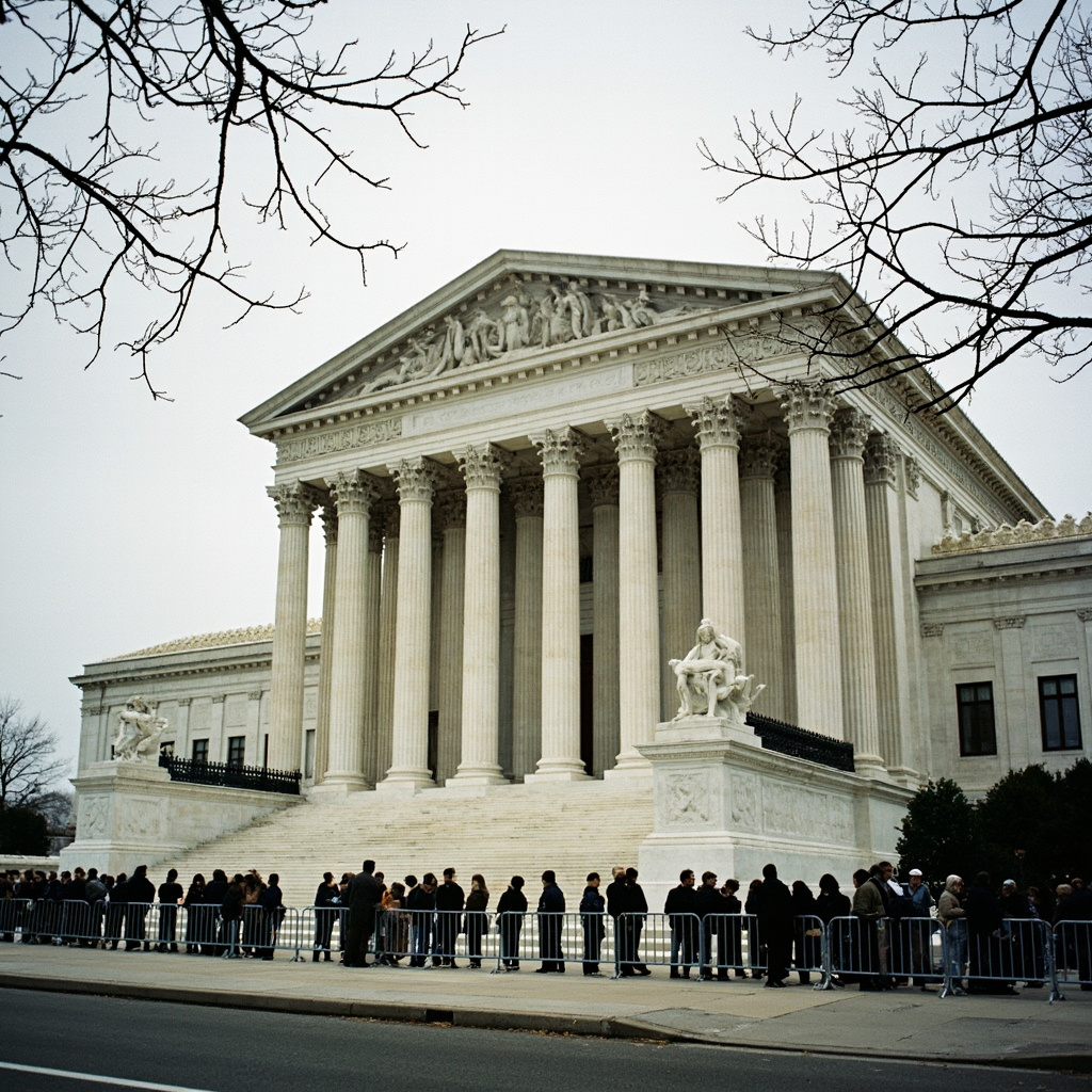 Supreme Court building exterior with protesters holding signs about the 14th Amendment