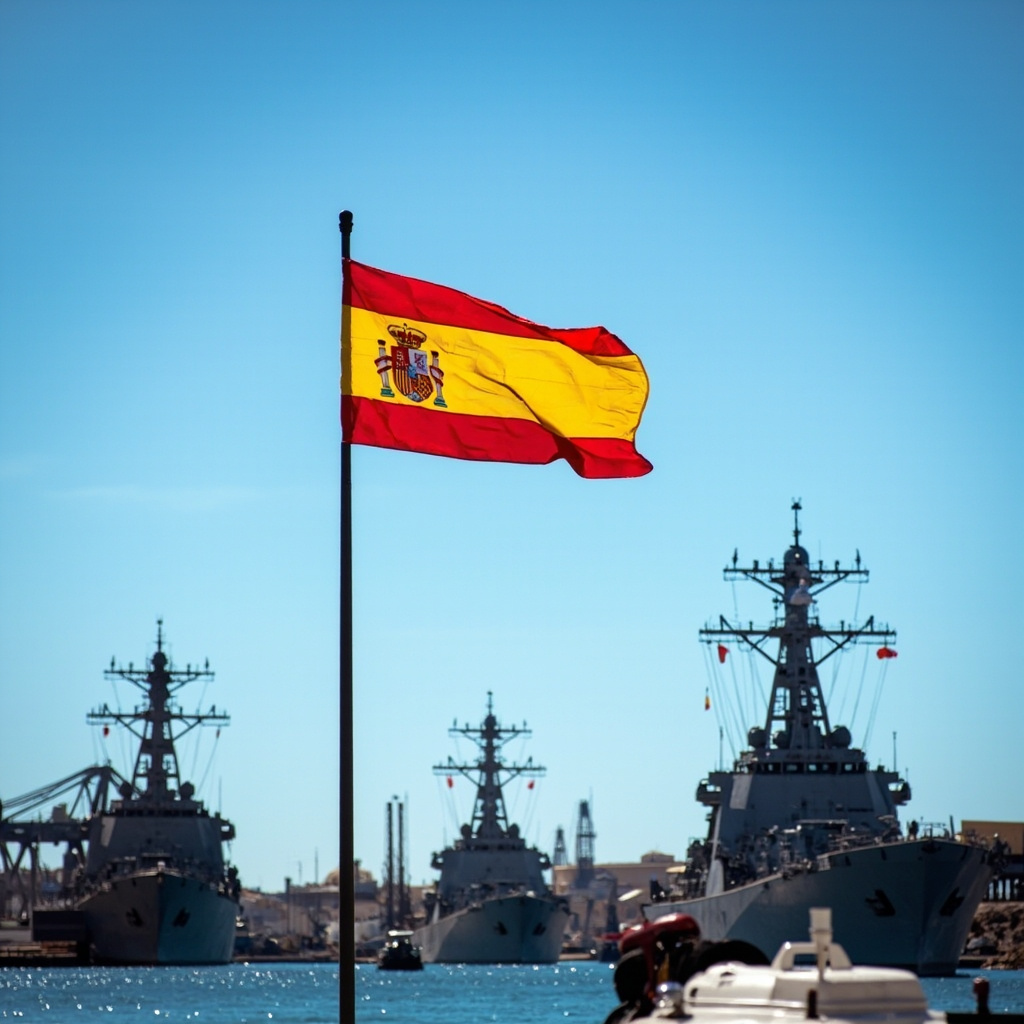 U.S. Navy vessels at the Rota naval base in Spain with the Spanish flag visible in the foreground