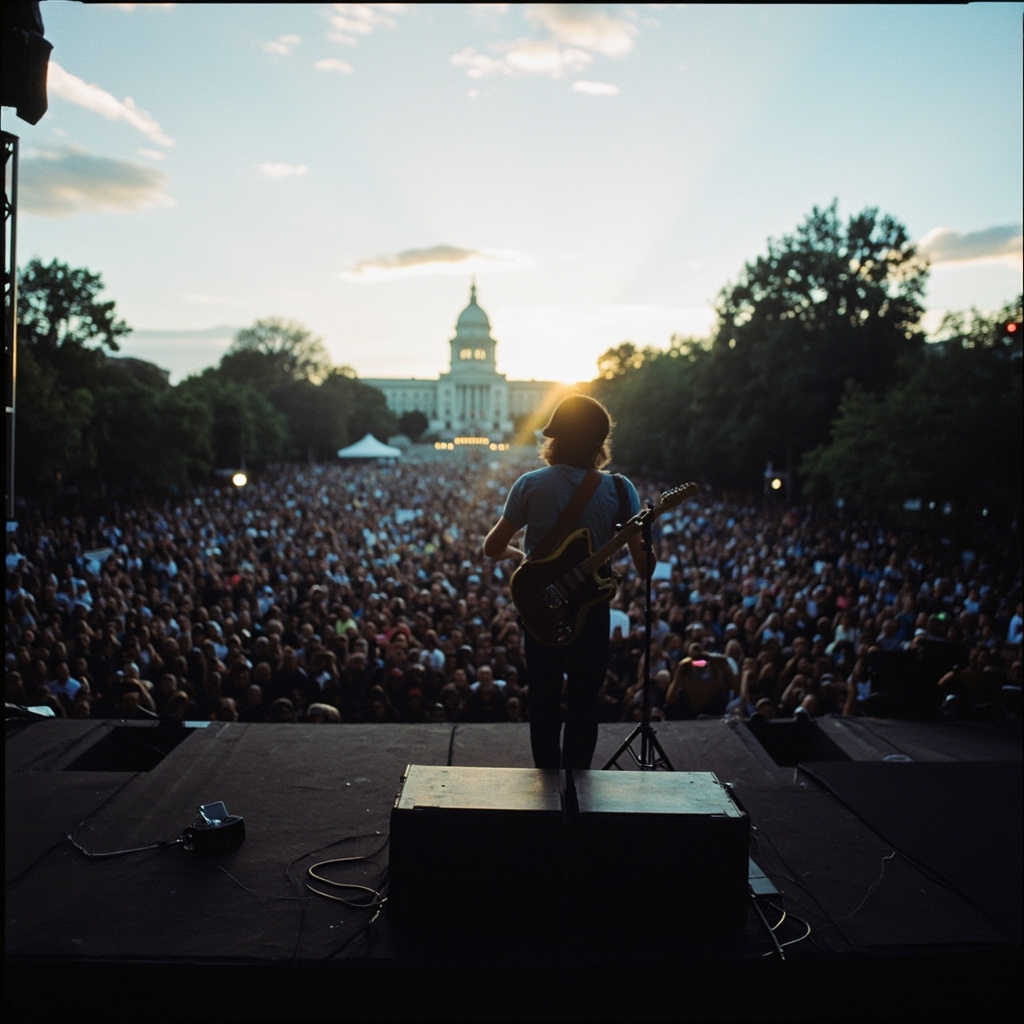 Bruce Springsteen performing on stage at outdoor rally with massive crowd and state capitol building in background