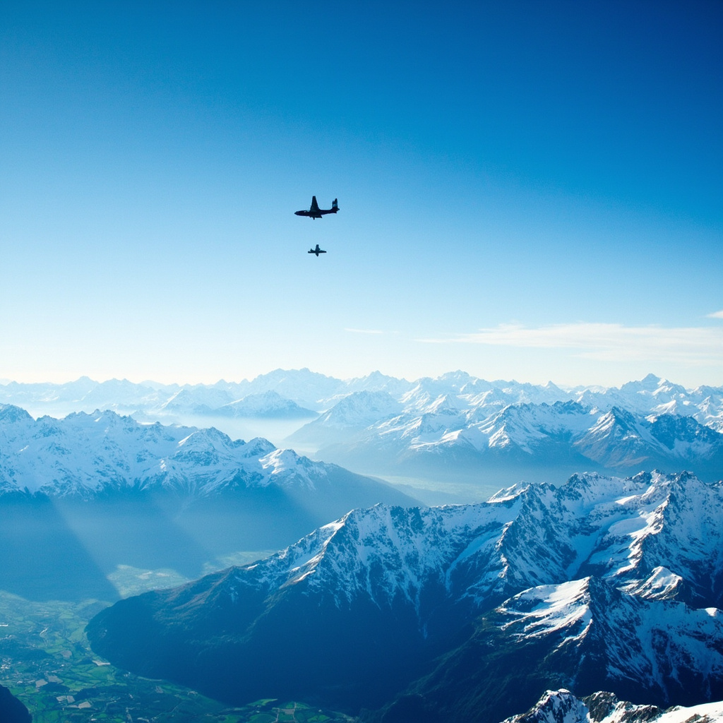 Swiss Alps with military aircraft silhouette and Swiss flag overlay