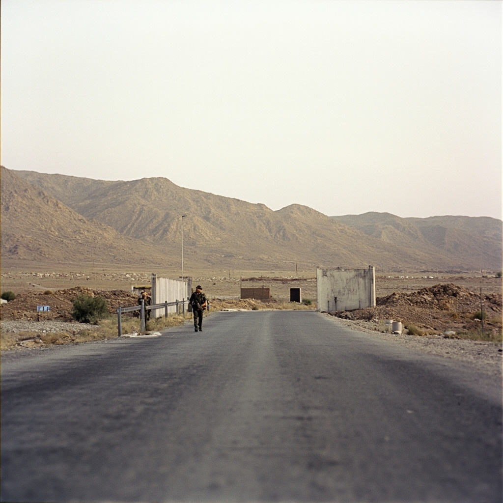 Syrian border forces patrol near the Lebanese frontier with mountains visible in the background