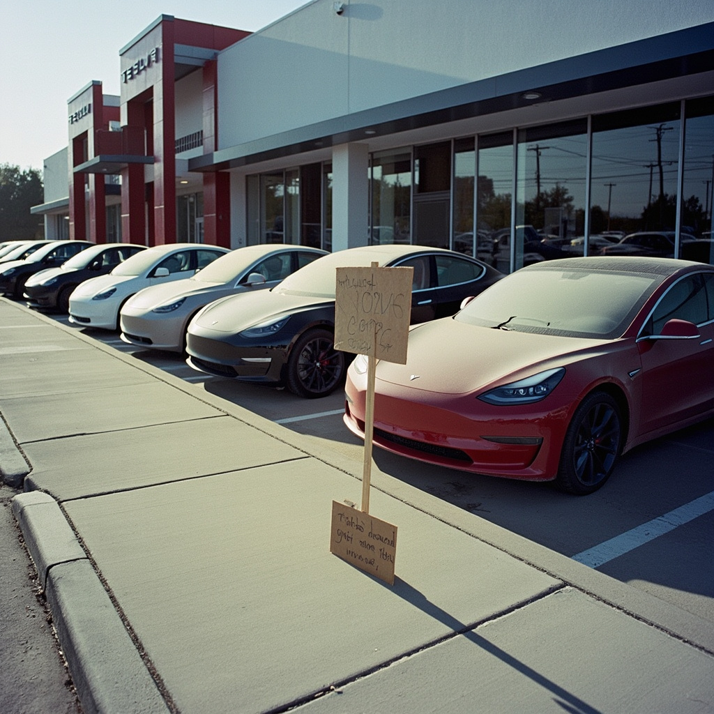 A Tesla dealership lot with cars and a protest sign visible in the background