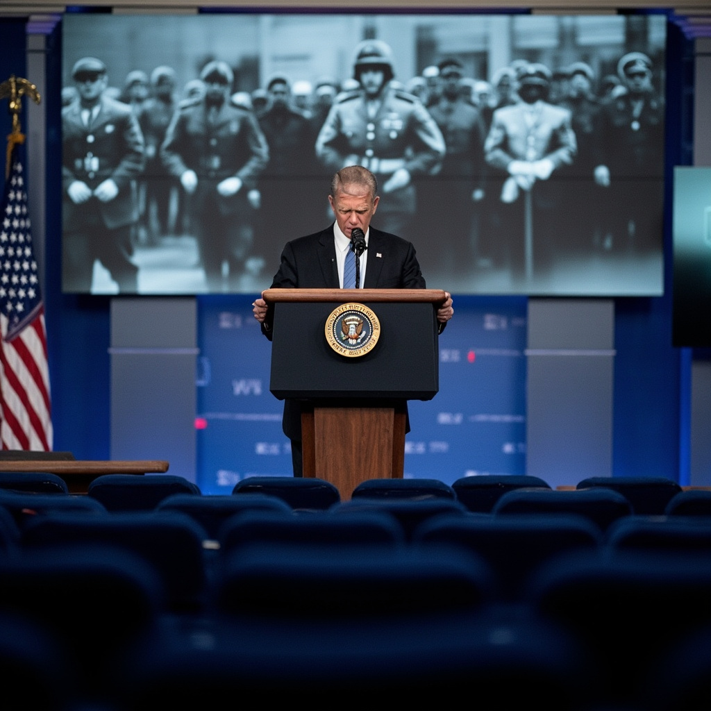 Split screen of the presidential podium and archival footage of past U.S. military operations