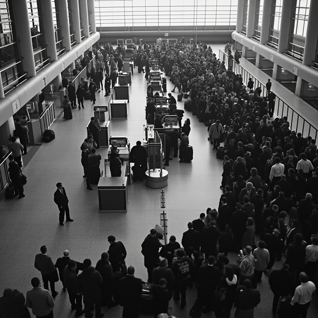 Long winding line of travelers with luggage waiting at an airport TSA security checkpoint with visible understaffing