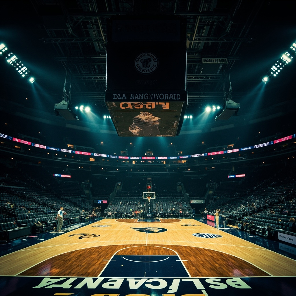 Basketball court split in half showing UCLA Bruins blue and gold on one side and Texas Longhorns burnt orange on the other