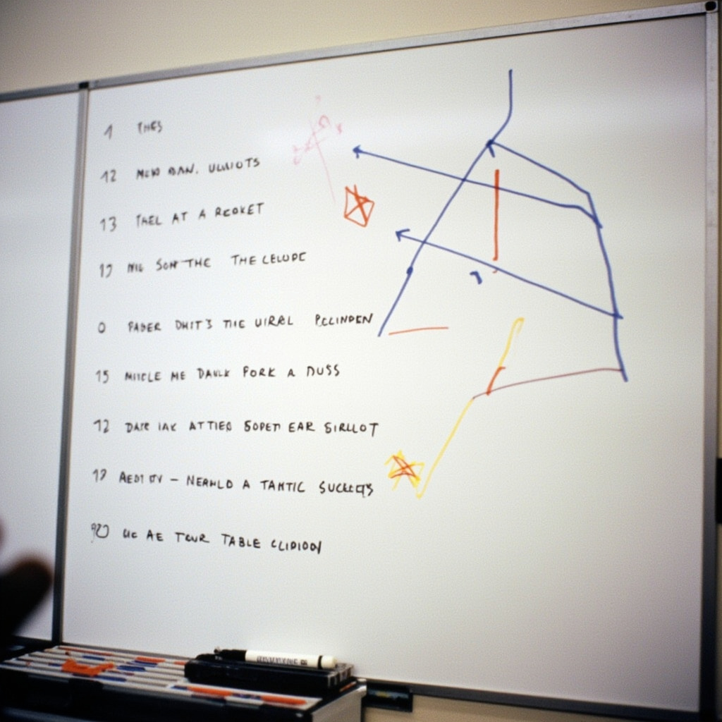 Chalkboard-style scorecard listing eight contradictory war aims with checkmarks and strikethroughs