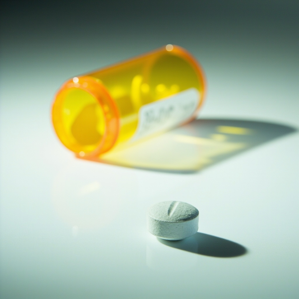 Close-up of a single oral semaglutide pill on a minimalist white surface next to a prescription bottle