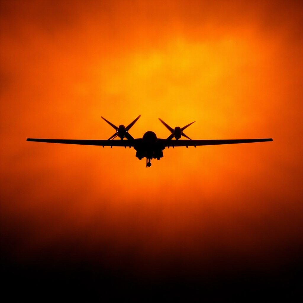 A drone silhouette against an orange sunset sky, ominous and futuristic