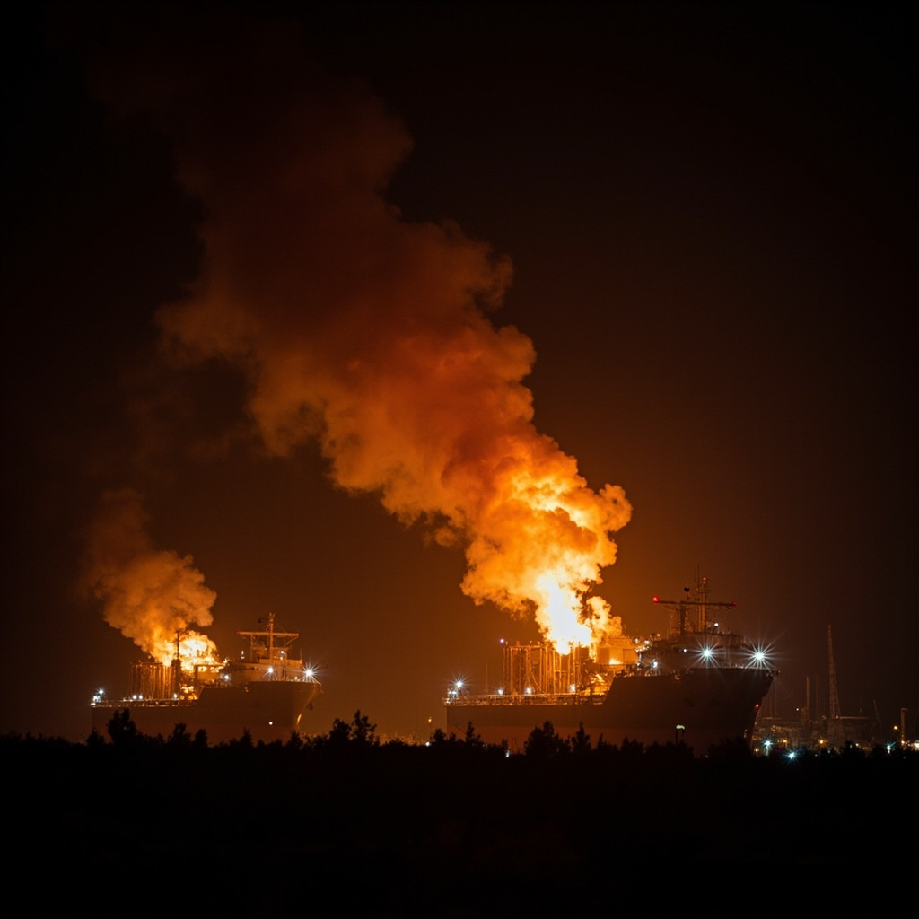 An LNG terminal with burning flares silhouetted against a darkening sky, ominous industrial landscape