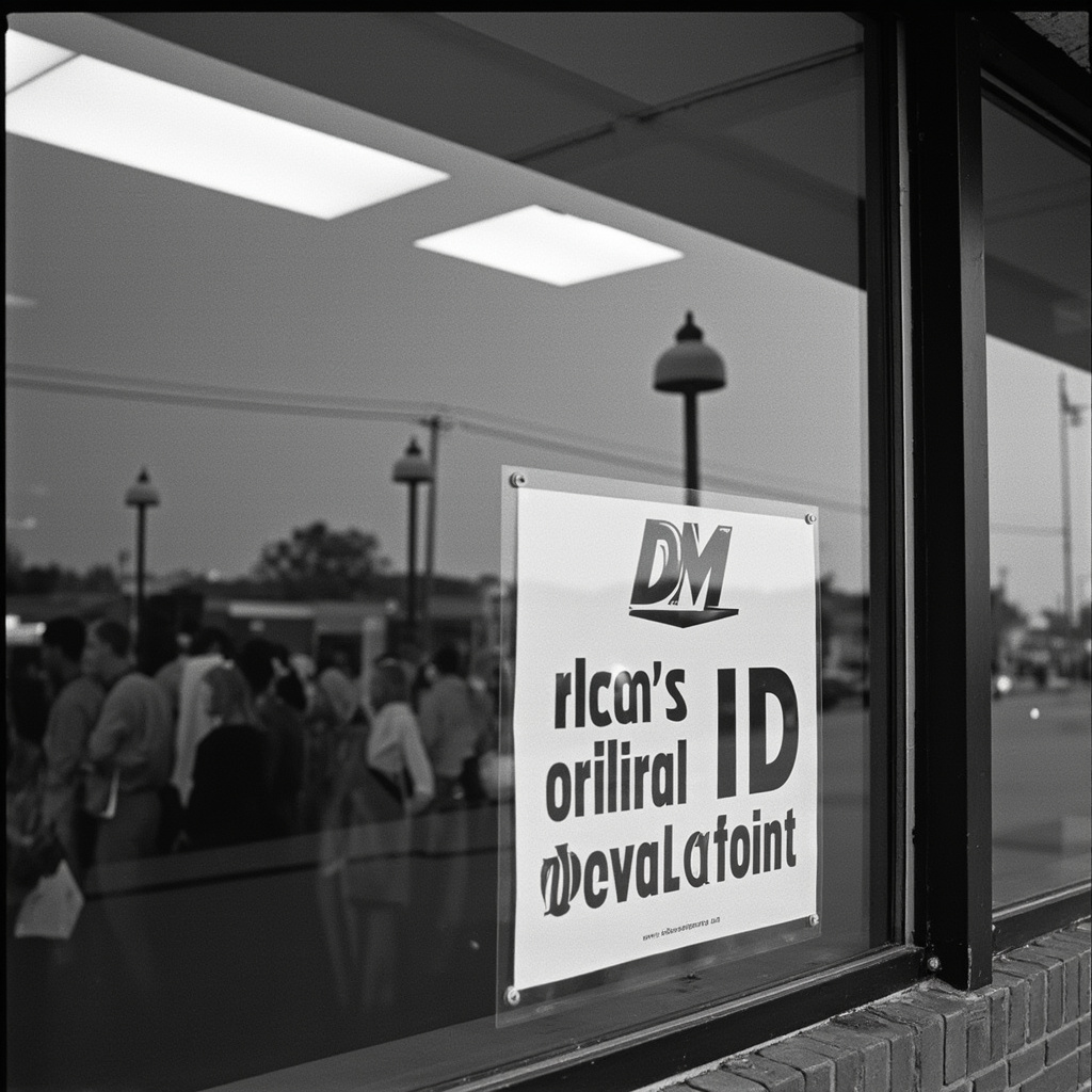 A US state DMV with a Real ID logo visible in the window, people waiting in line outside