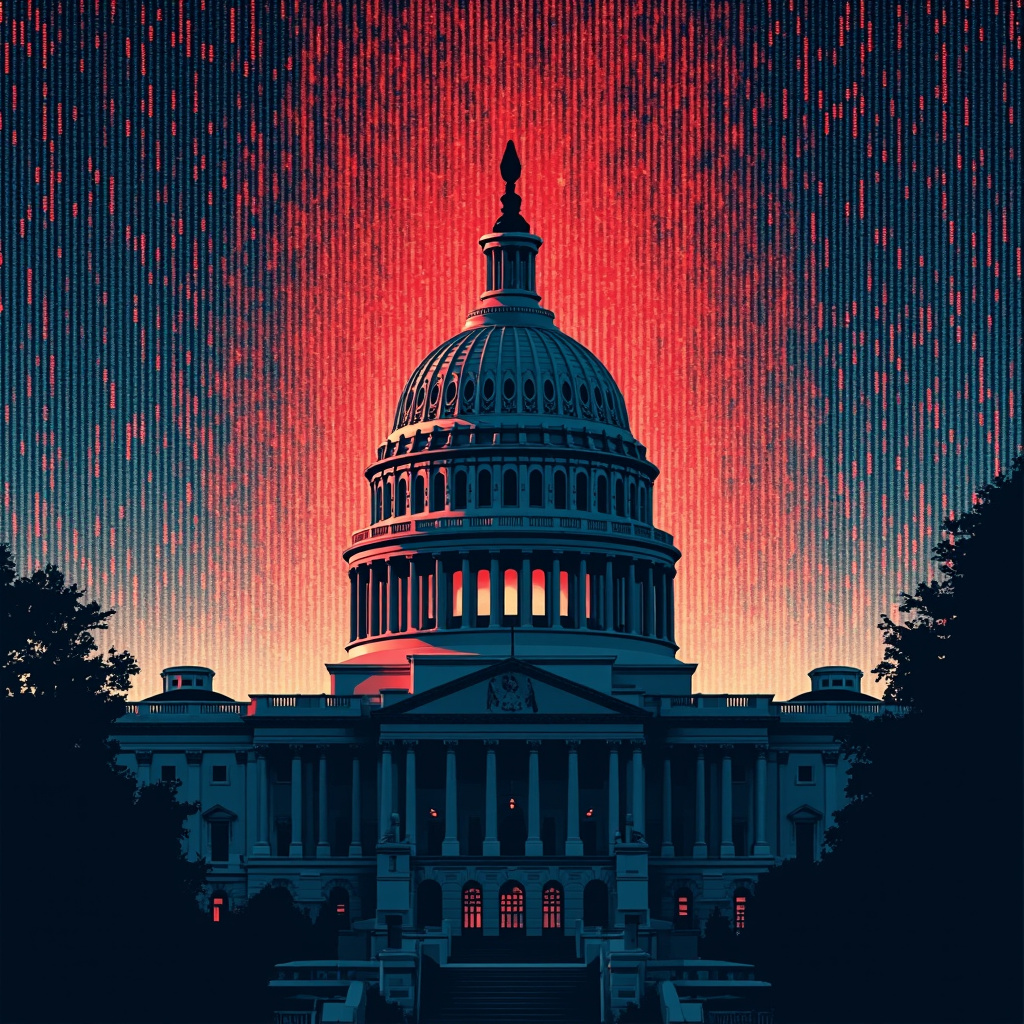 The US Capitol building dome silhouetted against a digital code matrix background