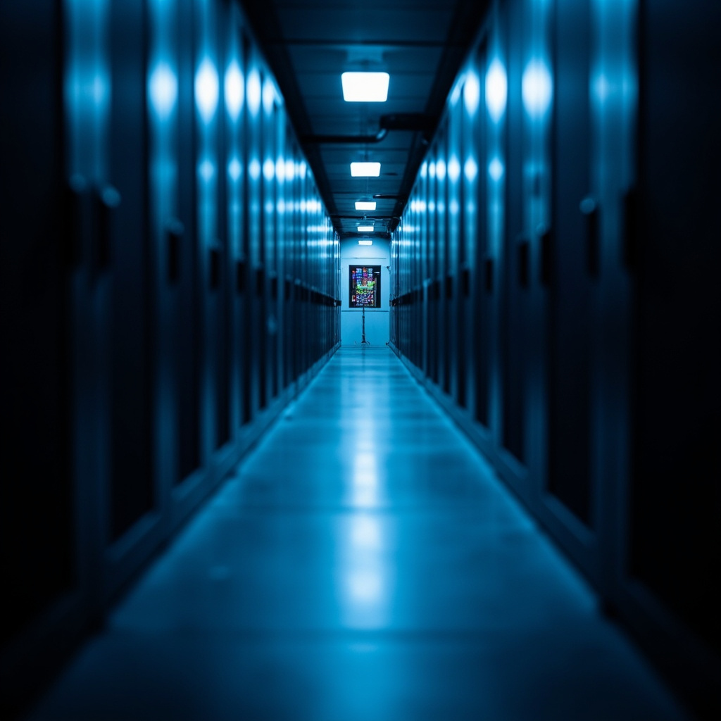 A secure data center corridor fades into the outline of a government building, suggesting classified computing and state selection