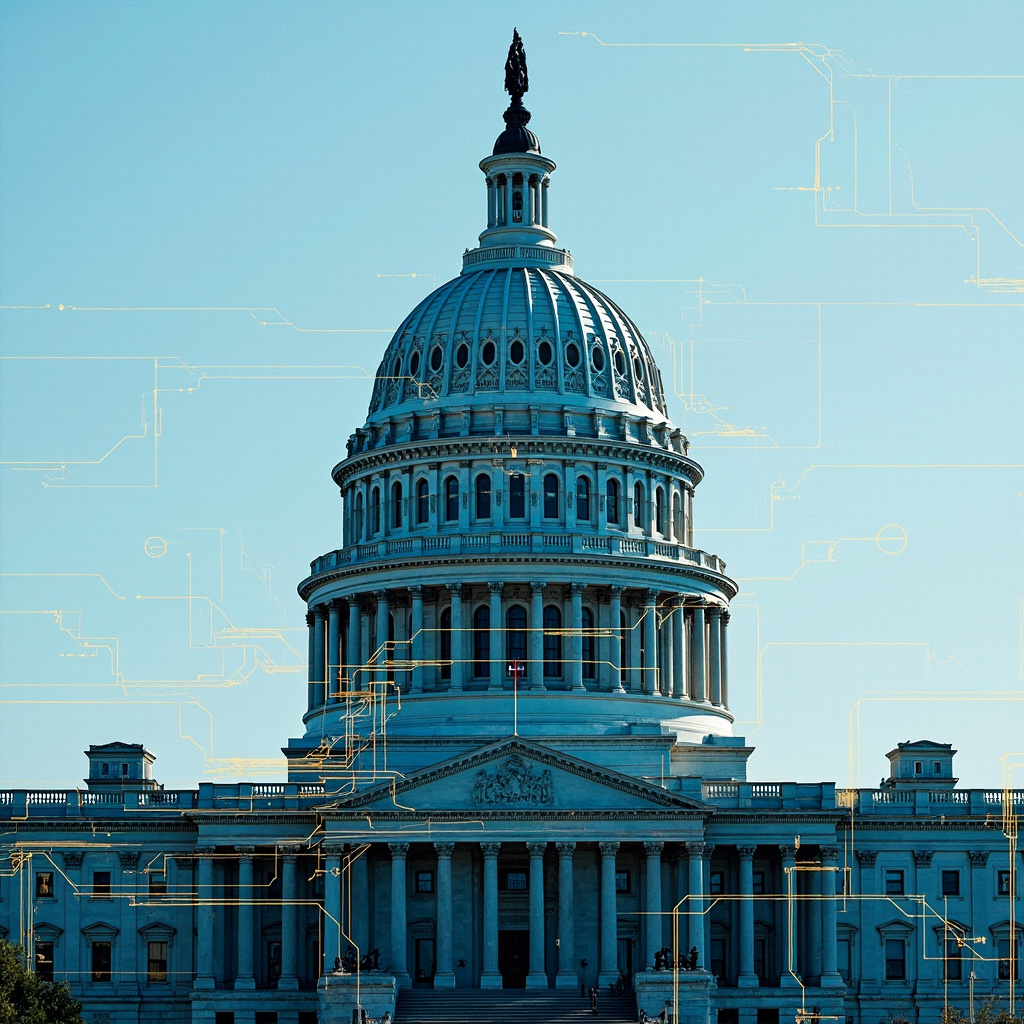 A state capitol building dome with digital circuit board patterns overlaid, representing the collision of federalism and artificial intelligence regulation