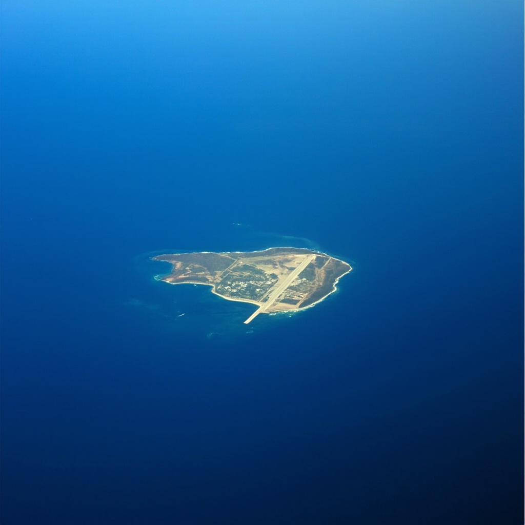 Aerial satellite view of Diego Garcia atoll in the Indian Ocean, a narrow strip of land surrounded by deep blue water, showing the isolation of the US-UK military base