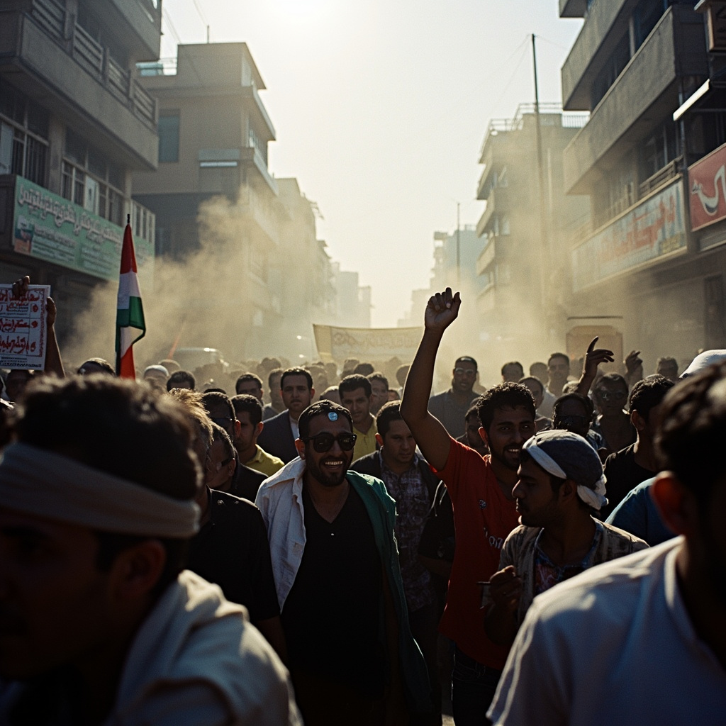 Shia demonstrators march through a Pakistani city street carrying religious banners and anti-war signs