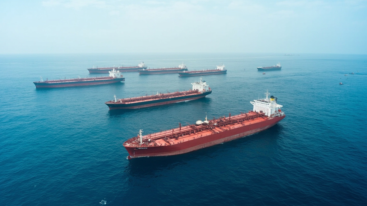 A row of idle LNG tankers anchored off a Mediterranean port, waiting for berth allocations disrupted by the Ras Laffan shutdown