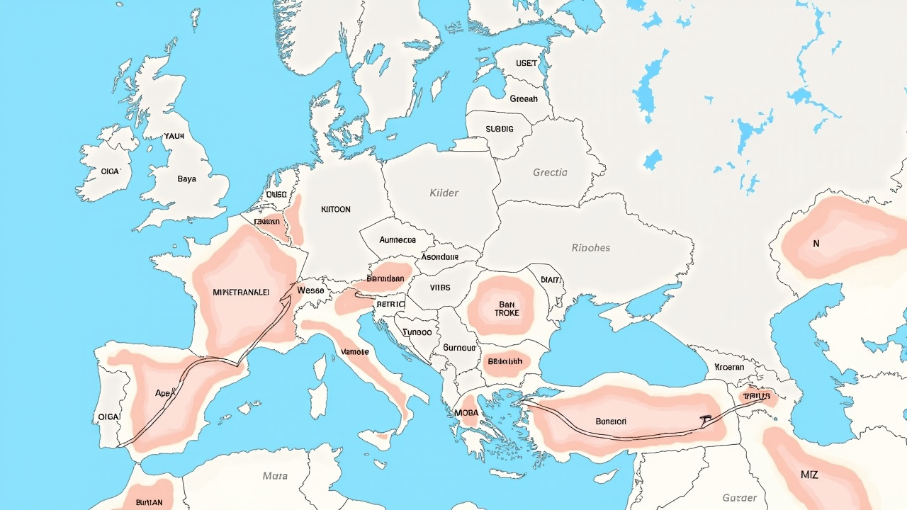 A map of European LNG import terminals with supply flow arrows from Qatar cut off and alternative routes from the US highlighted