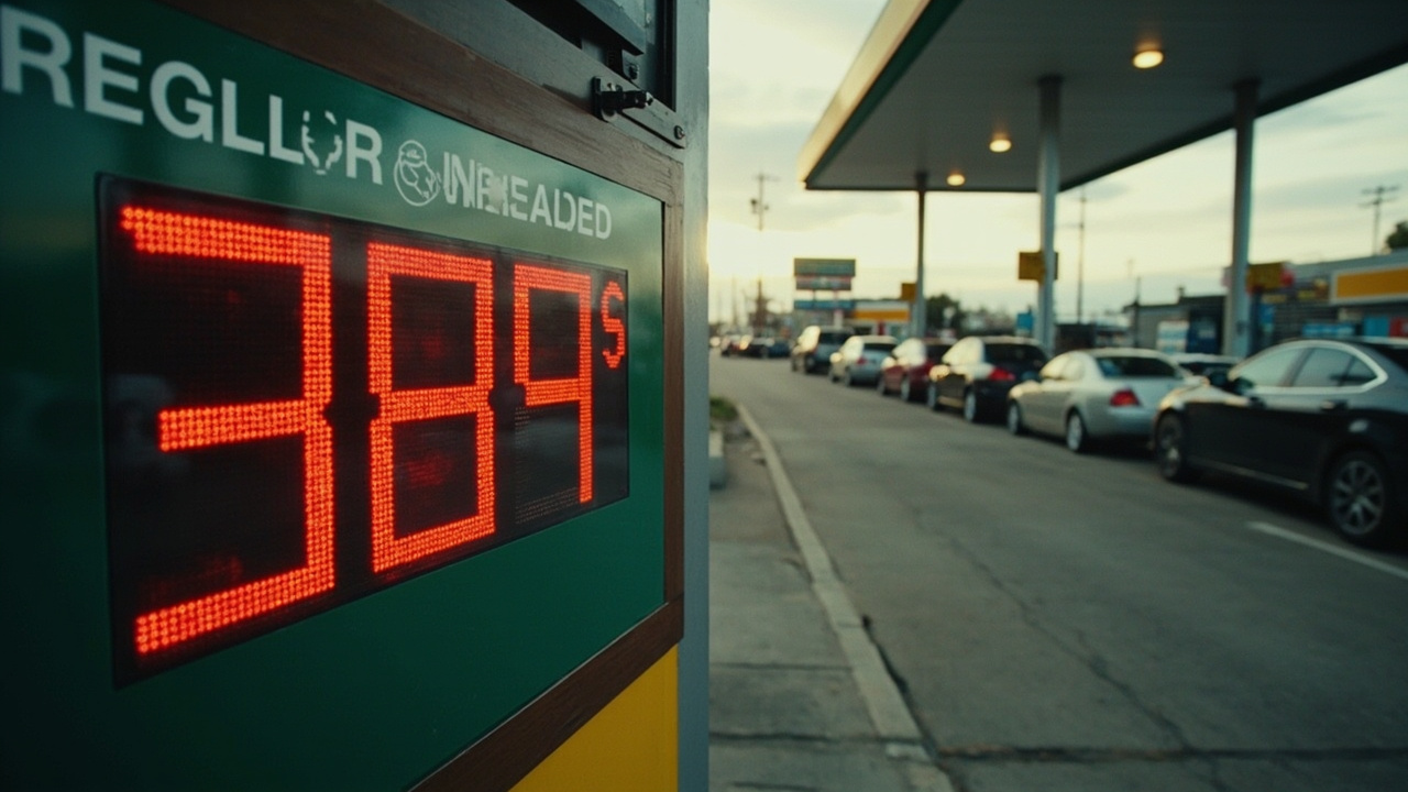 A gas station price board displaying regular unleaded at $3.89 per gallon with a long line of cars waiting to fill up