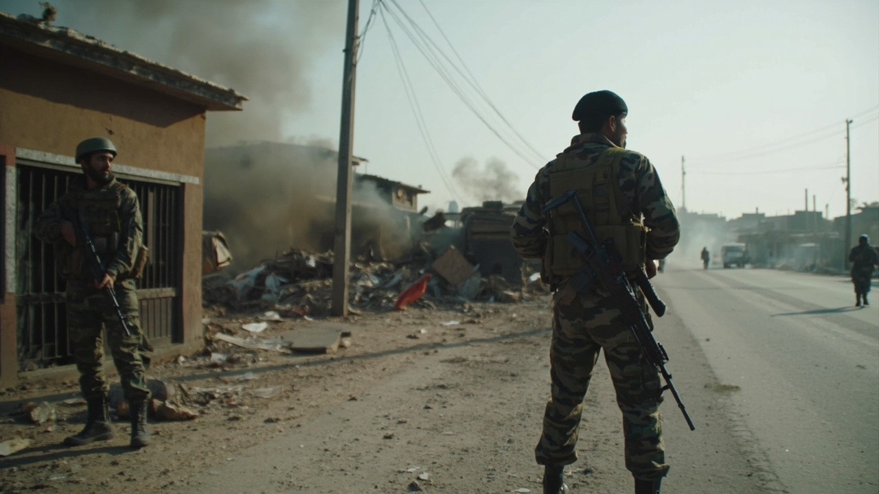 Pakistani soldiers manning a checkpoint on a street with smoke rising in the background and protest debris scattered across the road