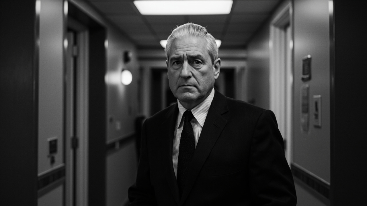 A black-and-white portrait photograph of Robert Mueller in a dark suit standing in a hallway at the FBI headquarters, his expression composed and unreadable