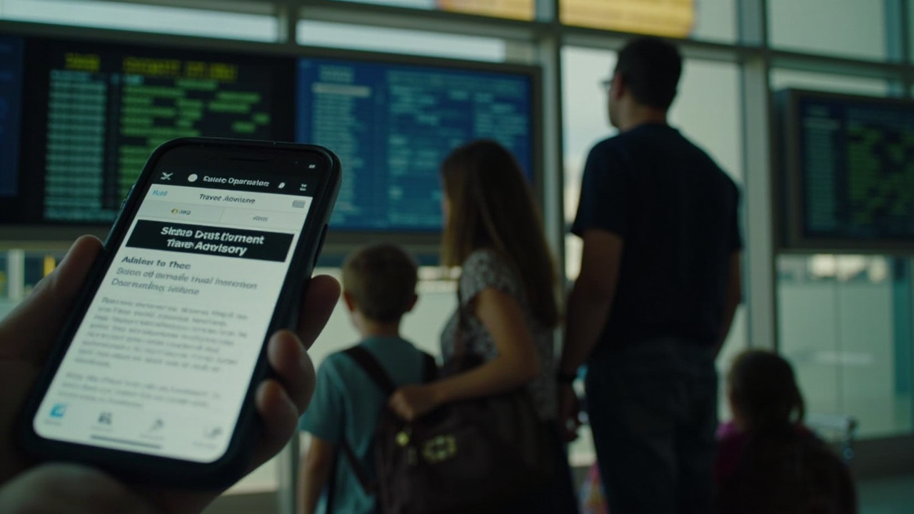 A family at an airport departures board reviewing destination options, a State Department travel advisory notification visible on a phone screen in the foreground