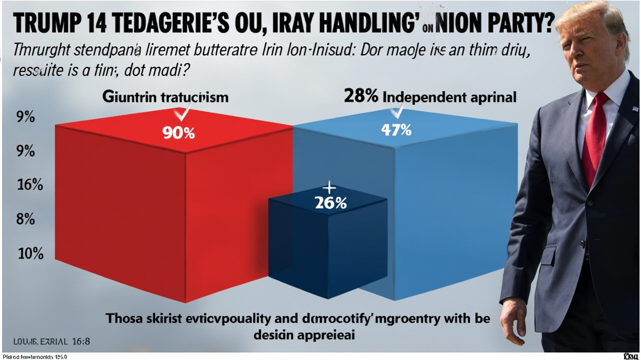 Bar chart comparing Trump approval on Iran handling across party lines showing 90% Republican support versus 27% Independent and single-digit Democrat approval