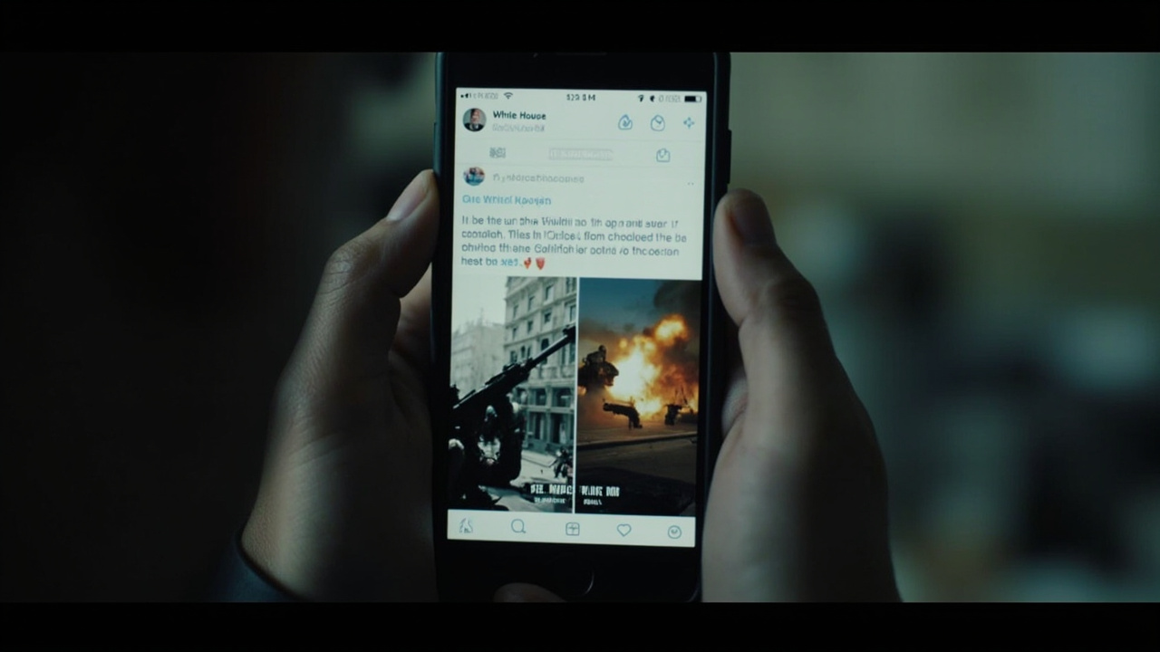 A smartphone screen showing a White House social media post with split imagery — real missile strike footage on one side and Call of Duty gameplay on the other